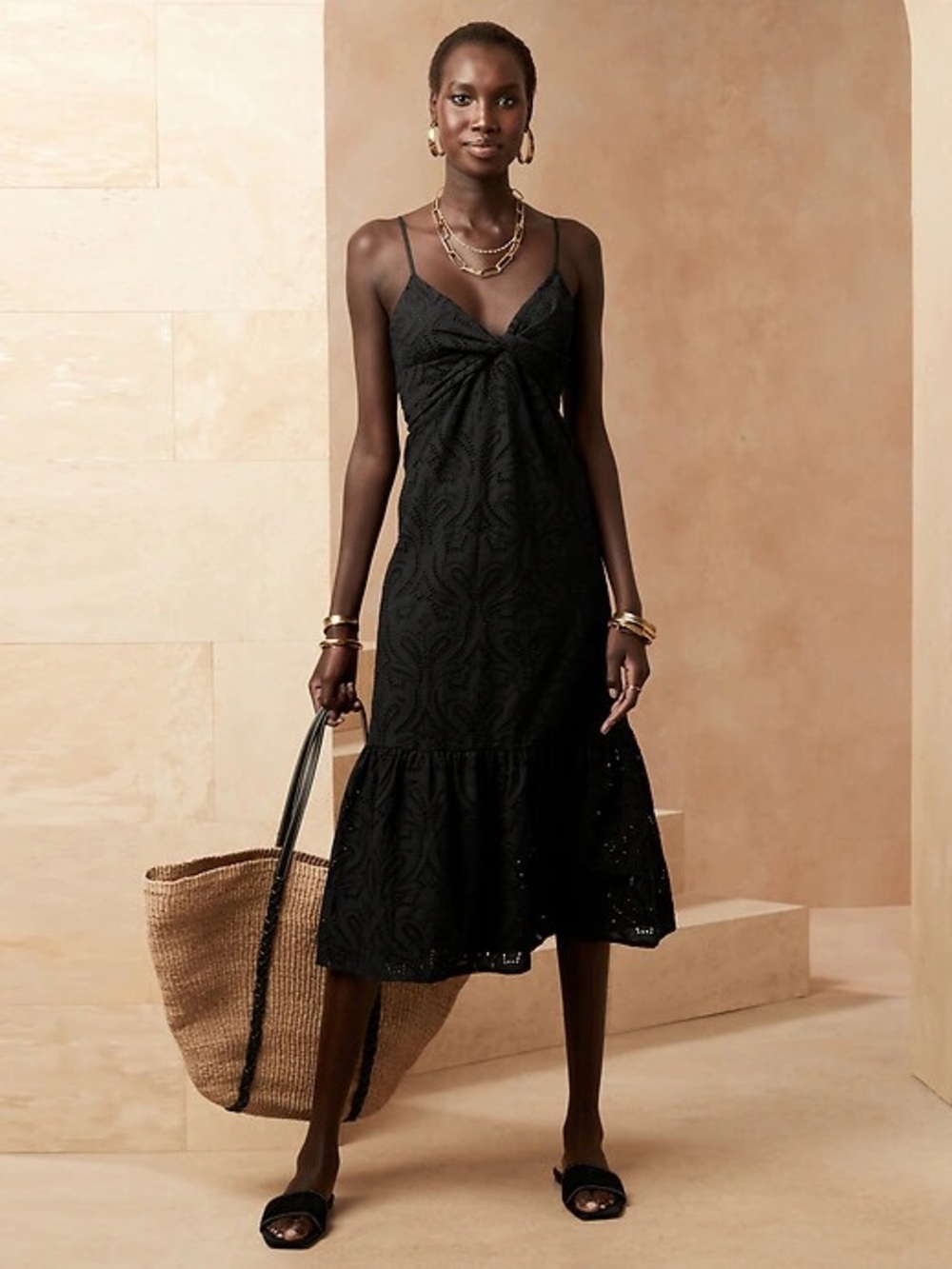 Banana Republic Eyelet Twist-Front Cotton Black Midi Dress Size Medium